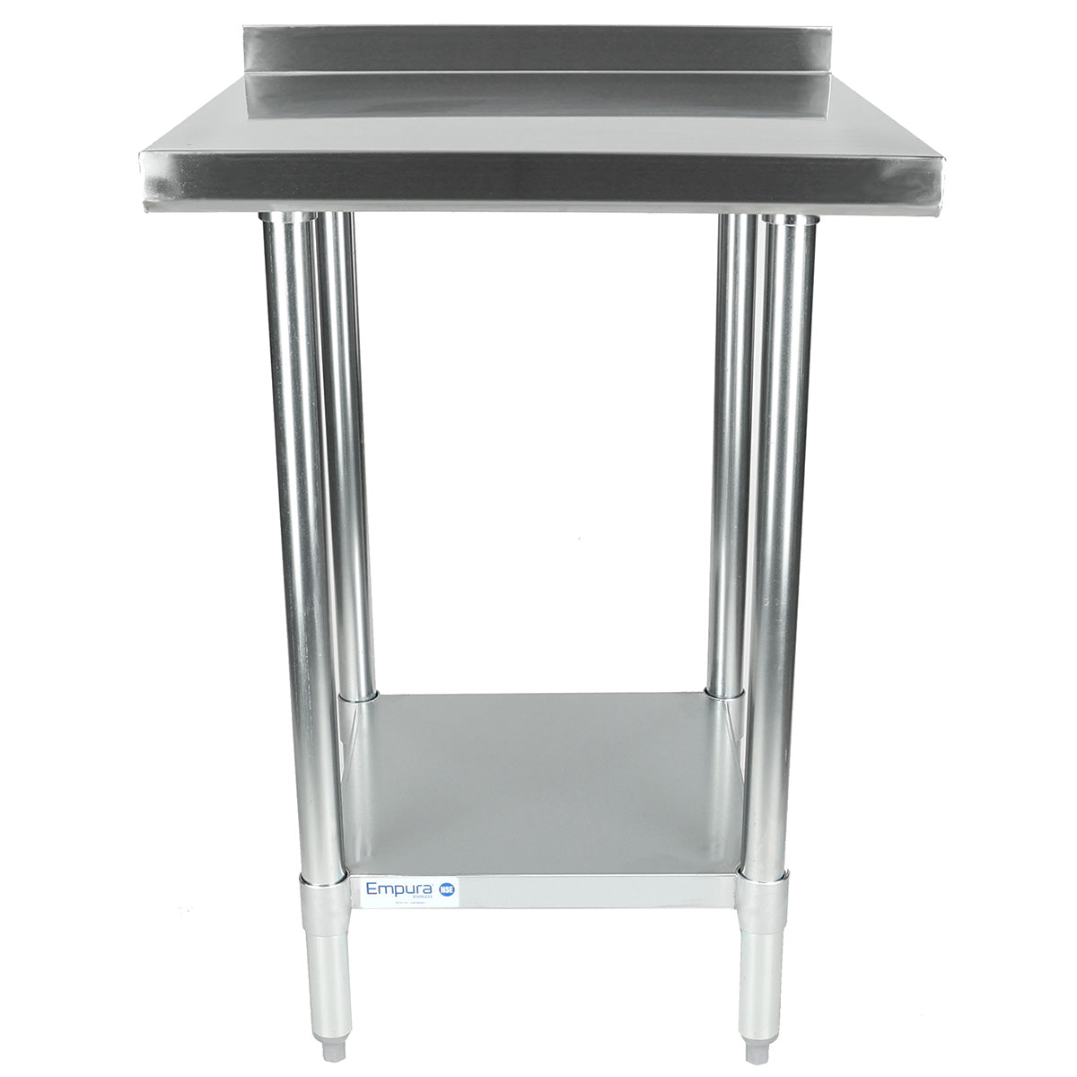 Empura 24" x 24" 18-Gauge 430 Stainless Steel Commercial Work Table with 2" Backsplash Galvanized Legs and Undershelf