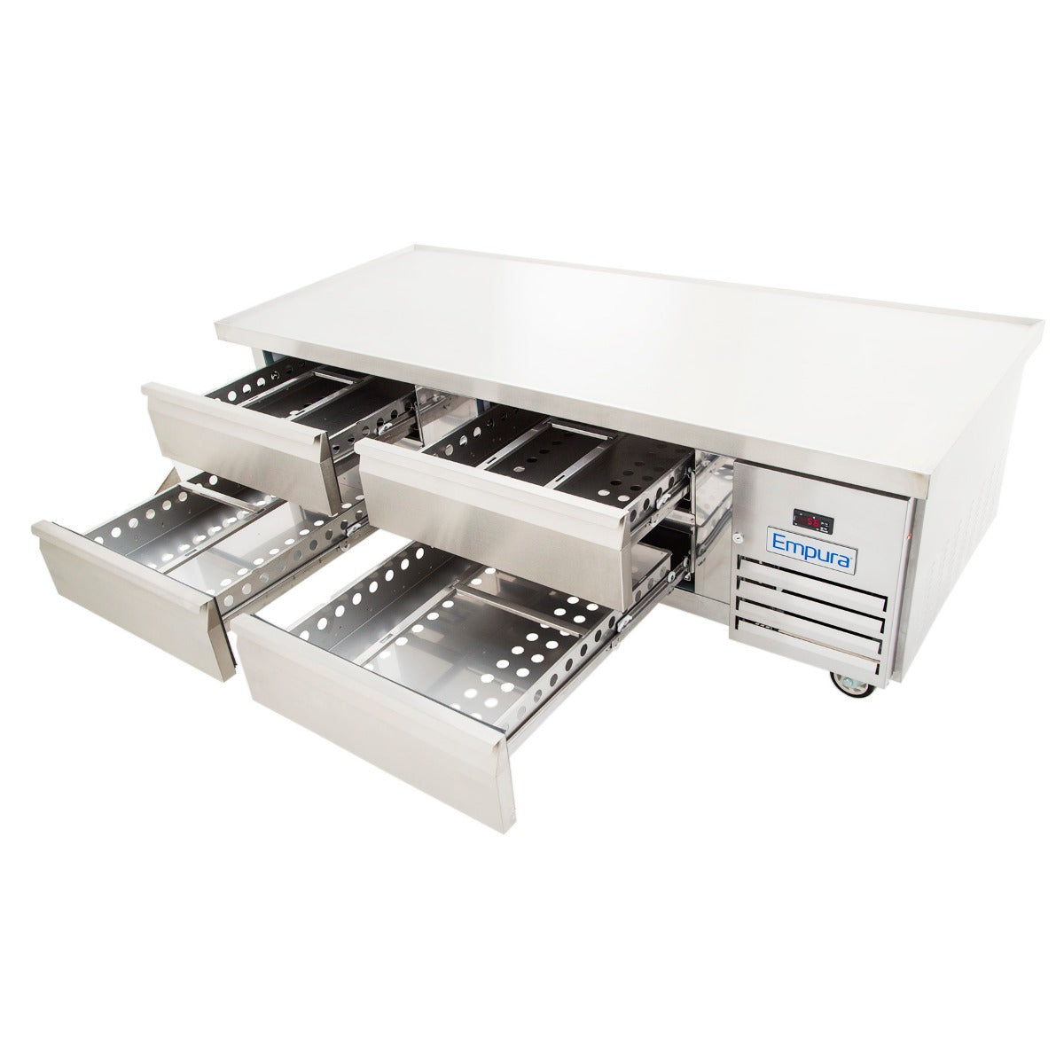74" 4 Drawer Refrigerated Commercial Chef Base - 12" Depth Pan Equipment Stand, Refrigerated Base Empura