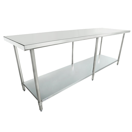 Empura 96" x 30" 18-Gauge 430 Stainless Steel Commercial Work Table with Flat Top Galvanized Legs and Undershelf