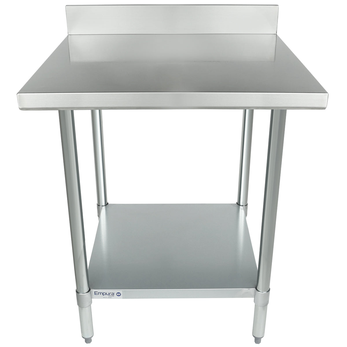 Empura 30" x 30" 18-Gauge 304 Stainless Steel Commercial Work Table with 4" Backsplash Galvanized Legs and Undershelf