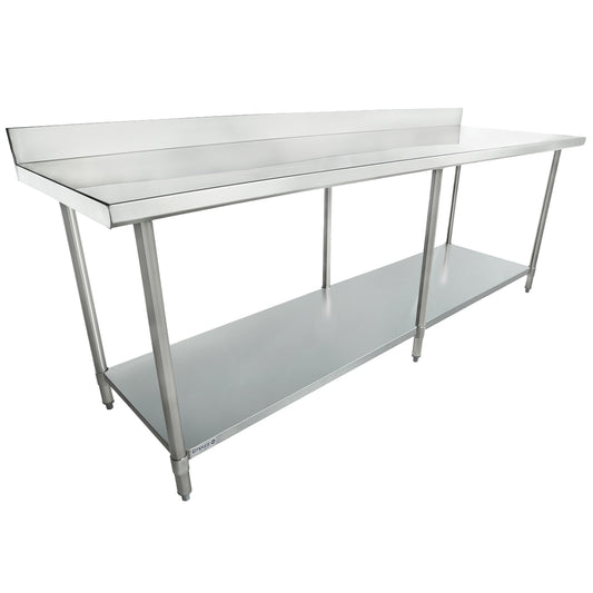 Empura 96" x 30" 18-Gauge 304 Stainless Steel Commercial Work Table with 4" Backsplash Galvanized Legs and Undershelf