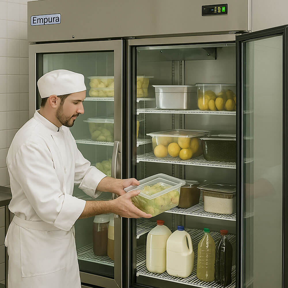 Chef organizing containers of food and beverages in a stainless steel commercial refrigerator in a professional kitchen