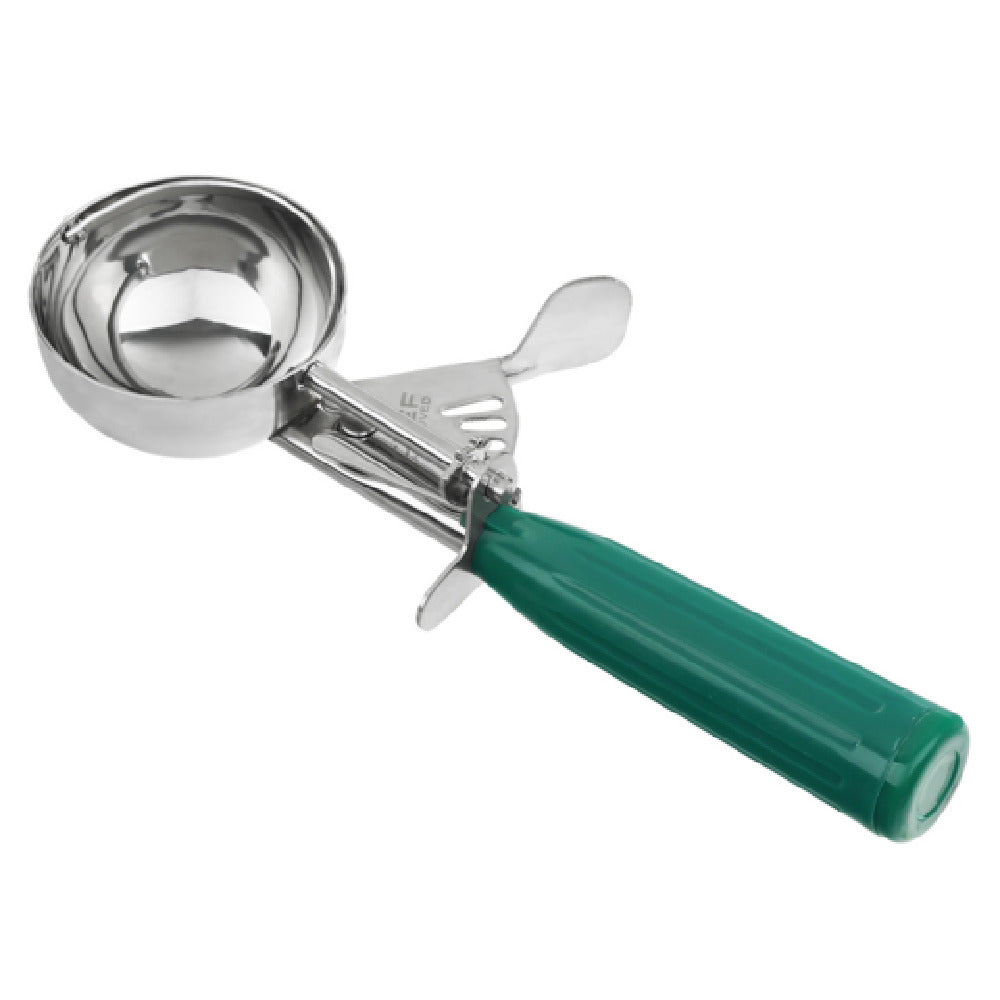 2.66 Oz Stainless Steel Disher Thumb Press Scoop with Green Handle