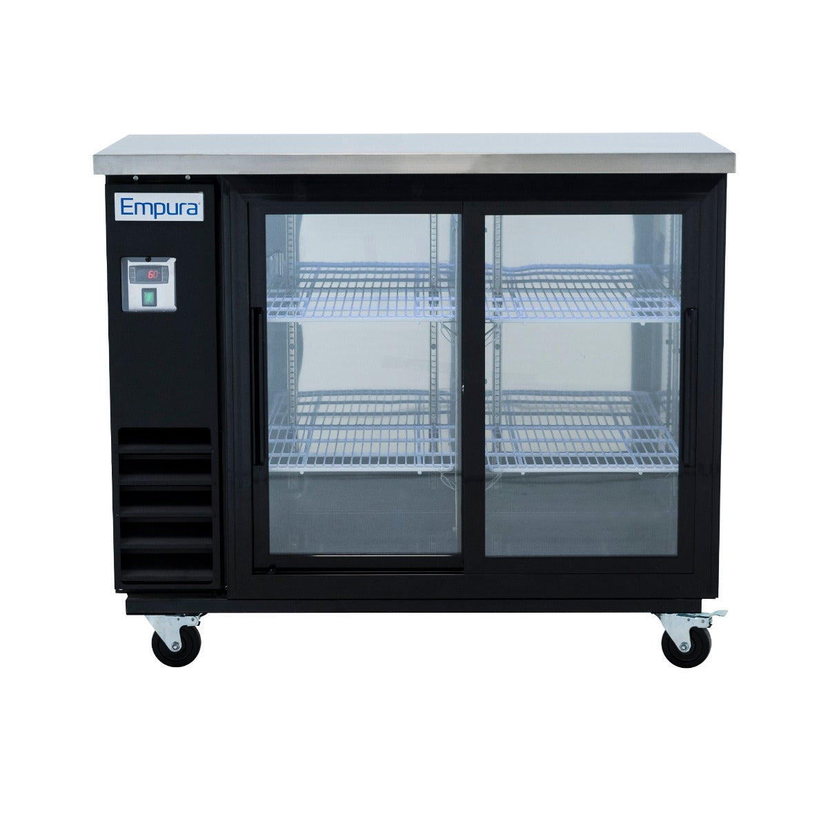 49" x 24" Sliding Glass Door Powder Coated Black Stainless Steel Commercial Back Bar Refrigerator Back Bar Cabinet, Refrigerated Empura