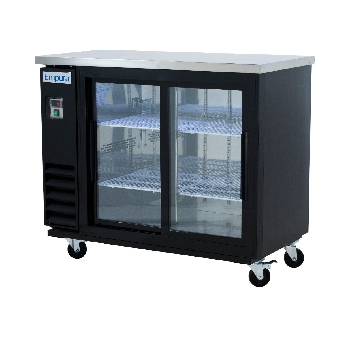 49" x 24" Sliding Glass Door Powder Coated Black Stainless Steel Commercial Back Bar Refrigerator Back Bar Cabinet, Refrigerated Empura
