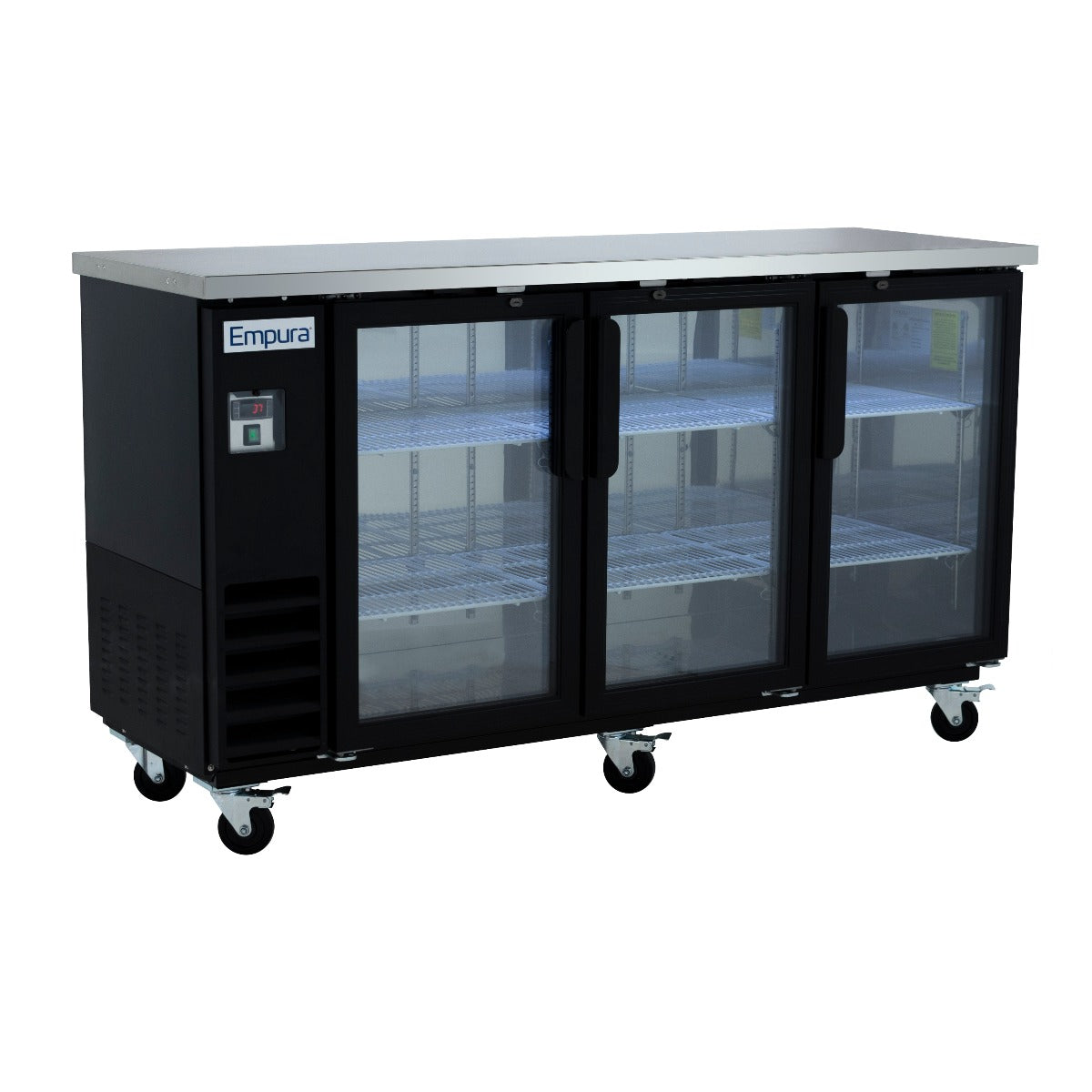 Empura E-KBB72-3G-24 72" Three Glass Door Refrigerated Back Bar Storage Cabinet, Black Exterior with Stainless Steel Top - 20.8 Cu Ft
