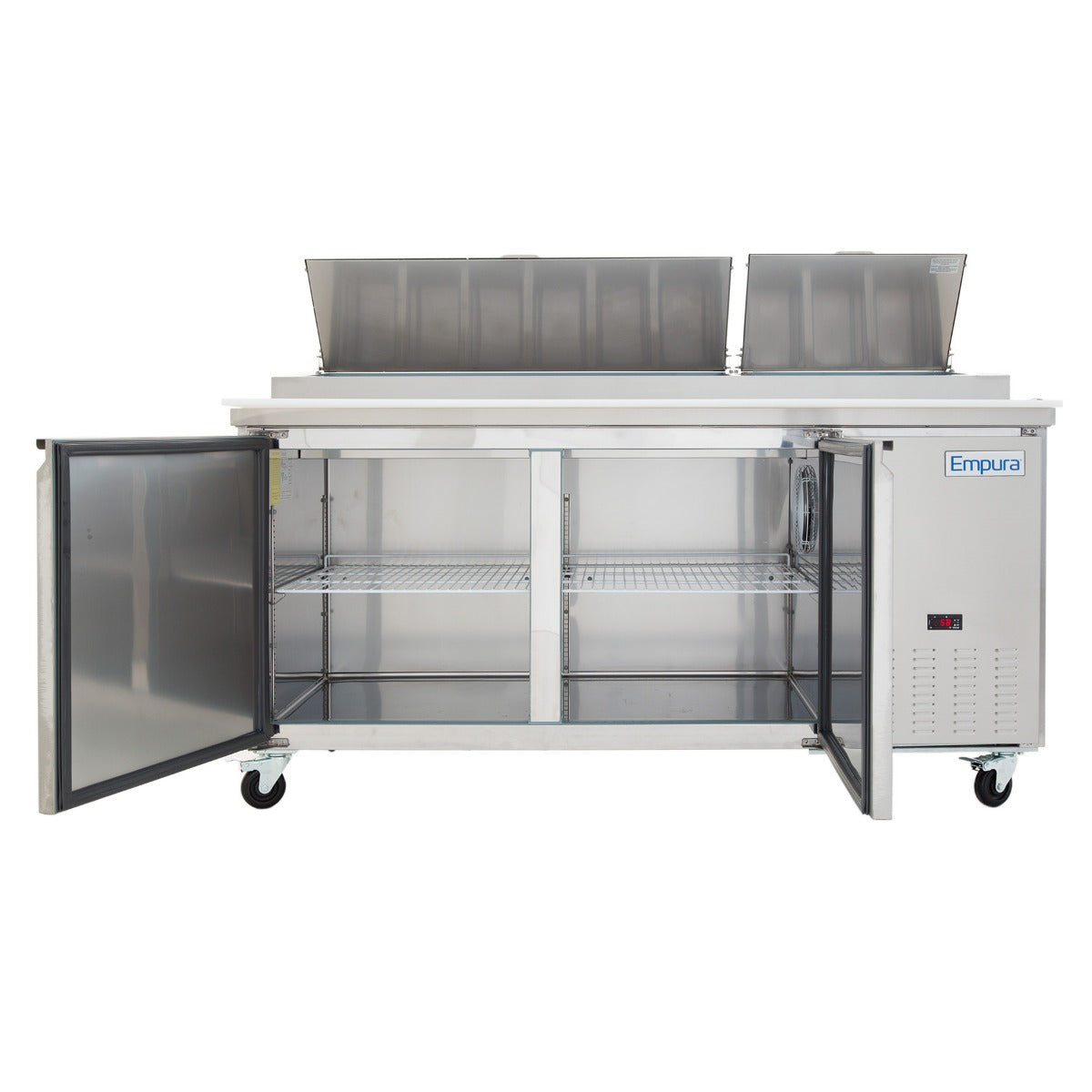 Empura E-KPP67 70.8" Stainless Steel Insulated Pizza Prep Table With 9 Pans And 2 Solid Doors - 22 Cu Ft, 115 Volts