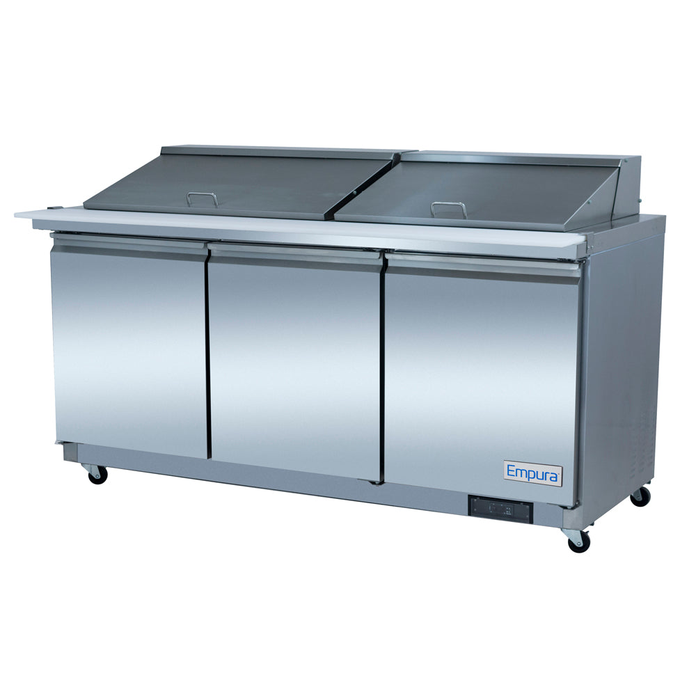 72" 3 Door Commercial Mega Top Refrigerated Sandwich and Salad Prep Table Refrigerated Counter, Mega Top Sandwich / Salad Unit Empura