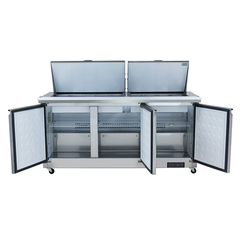 72" 3 Door Commercial Mega Top Refrigerated Sandwich and Salad Prep Table Refrigerated Counter, Mega Top Sandwich / Salad Unit Empura