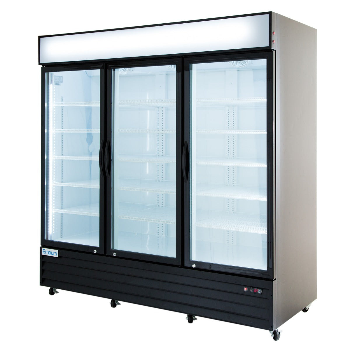 Empura EGM-75B 78.2" Wide Three-Section Black Swinging Glass Door Merchandiser Refrigerator With 3 Doors, 75 Cubic Ft, 115 Volts