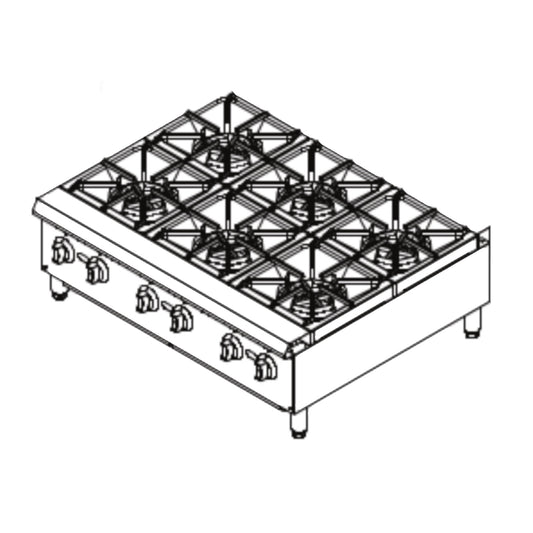 Empura EHP-6 36" Stainless Steel Heavy Duty Natural Gas Hot Plate with Six Burners, 150,000 BTU