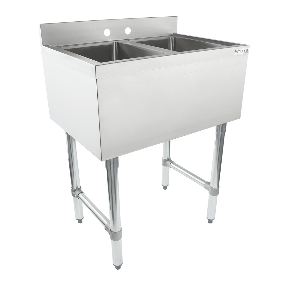 26" 18-Gauge Stainless Steel 2 Compartment Commercial Underbar Sink with Galvanized Legs, without Drainboard - 10" x 14" x 10" Bowl, NSF Underbar Sink Units Empura