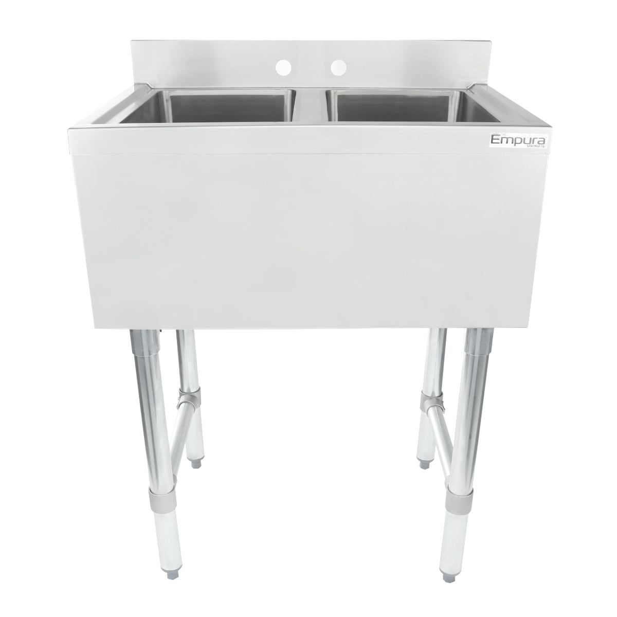 26" 18-Gauge Stainless Steel 2 Compartment Commercial Underbar Sink with Galvanized Legs, without Drainboard - 10" x 14" x 10" Bowl, NSF Underbar Sink Units Empura