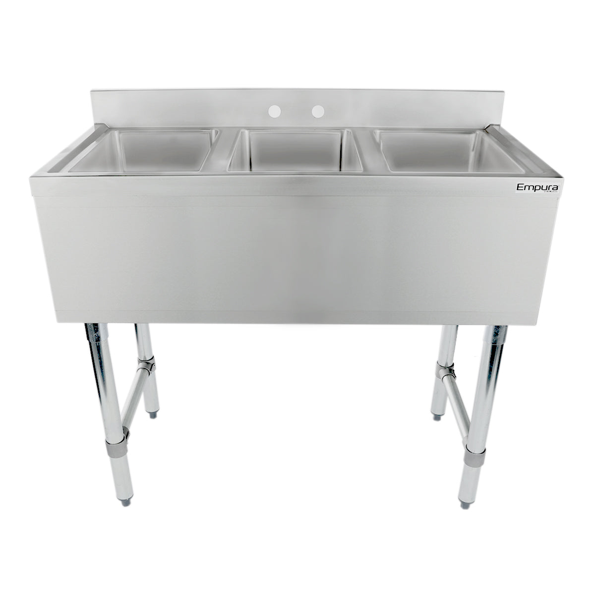 38" 18-Gauge Stainless Steel 3 Compartment Commercial Underbar Sink with Galvanized Legs, without Drainboard - 10" x 14" x 10" Bowl, NSF Underbar Sink Units Empura