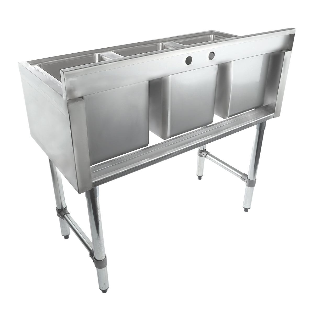 38" 18-Gauge Stainless Steel 3 Compartment Commercial Underbar Sink with Galvanized Legs, without Drainboard - 10" x 14" x 10" Bowl, NSF Underbar Sink Units Empura