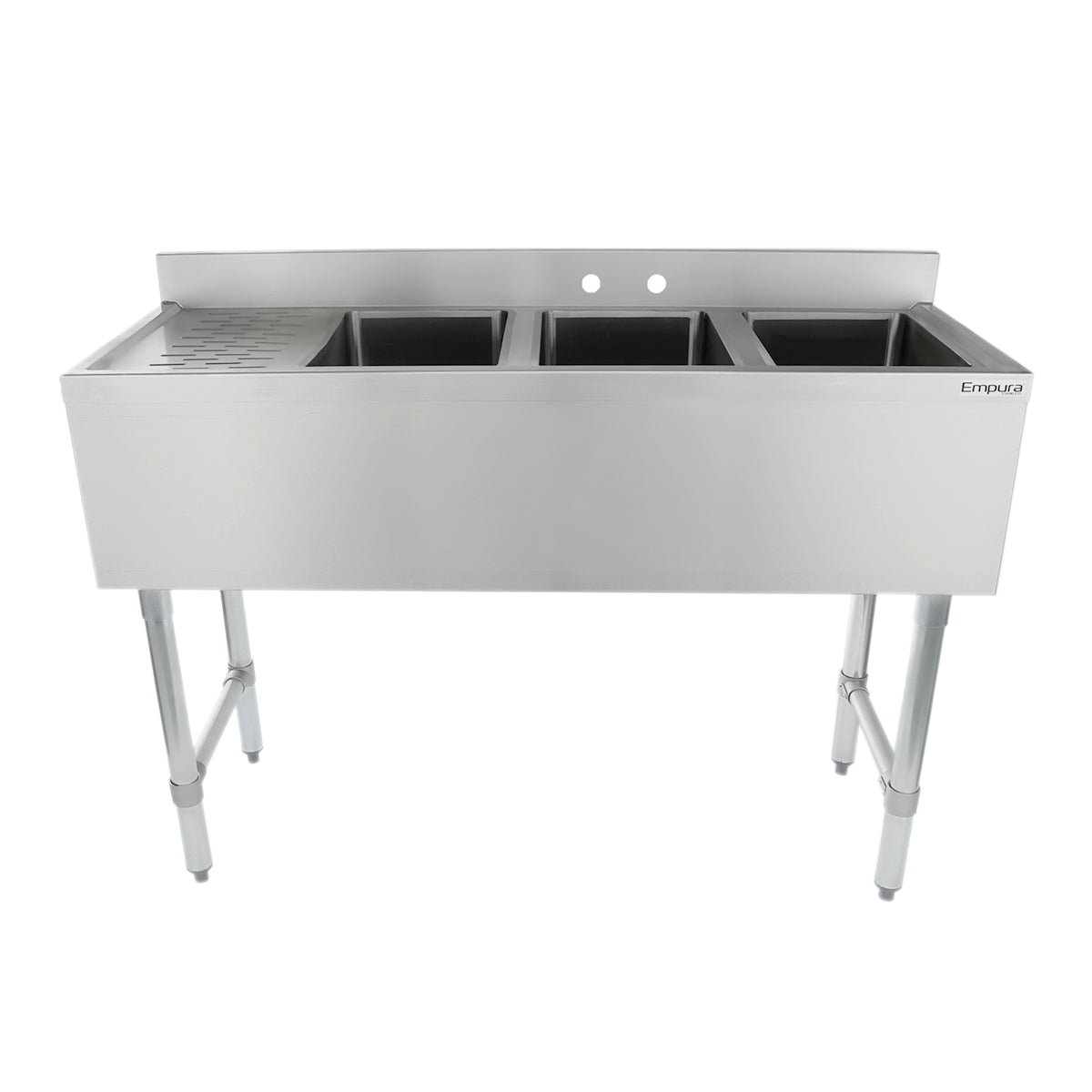 48" 18-Gauge Stainless Steel 3 Compartment Commercial Underbar Sink with Galvanized Legs, Left Drainboard - 10" x 14" x 10" Bowl, NSF Underbar Sink Units Empura