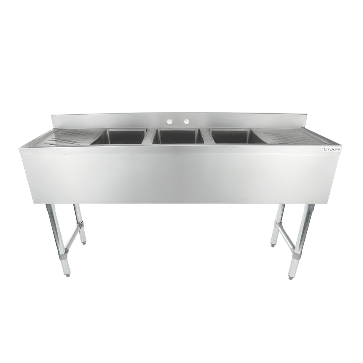 60" 18-Gauge Stainless Steel 3 Compartment Commercial Underbar Sink with Galvanized Legs, 2 Drainboard - 10" x 14" x 10" Bowl, NSF Underbar Sink Units Empura