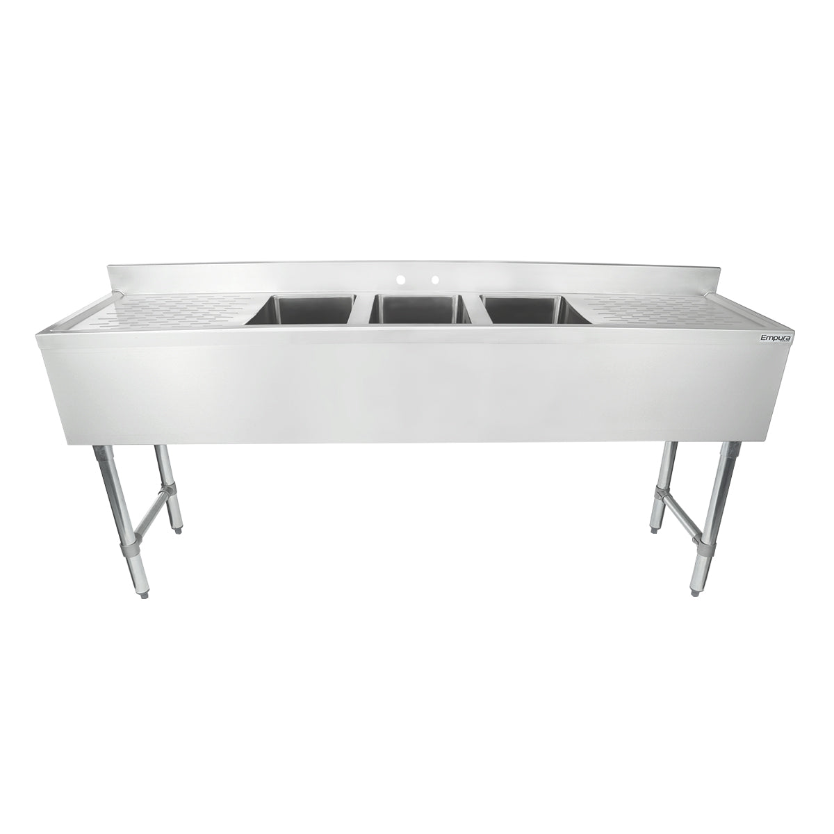 72" 18-Gauge Stainless Steel 3 Compartment Commercial Underbar Sink with Galvanized Legs, 2 Drainboard - 10" x 14" x 10" Bowl, NSF Underbar Sink Units Empura
