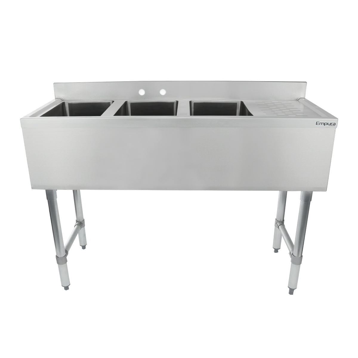 48" 18-Gauge Stainless Steel 3 Compartment Commercial Underbar Sink with Galvanized Legs, Right Drainboard - 10" x 14" x 10" Bowl, NSF Underbar Sink Units Empura