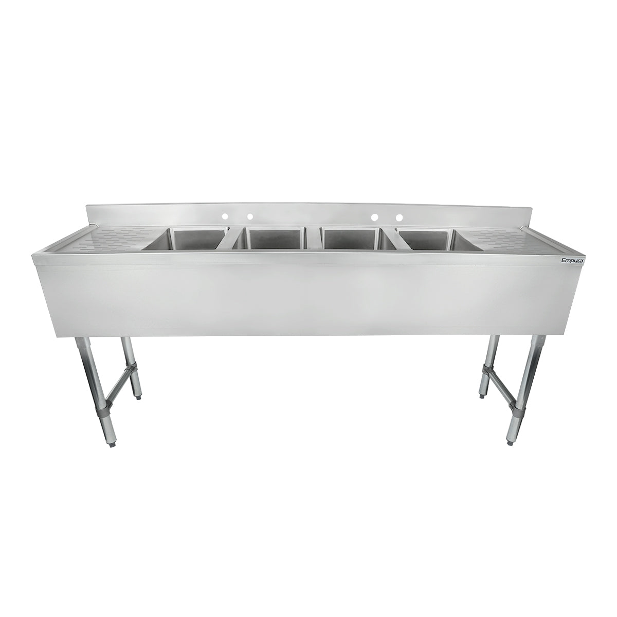 72" 18-Gauge Stainless Steel 4 Compartment Commercial Underbar Sink with Galvanized Legs, 2 Drainboard - 10" x 14" x 10" Bowl, NSF Underbar Sink Units Empura