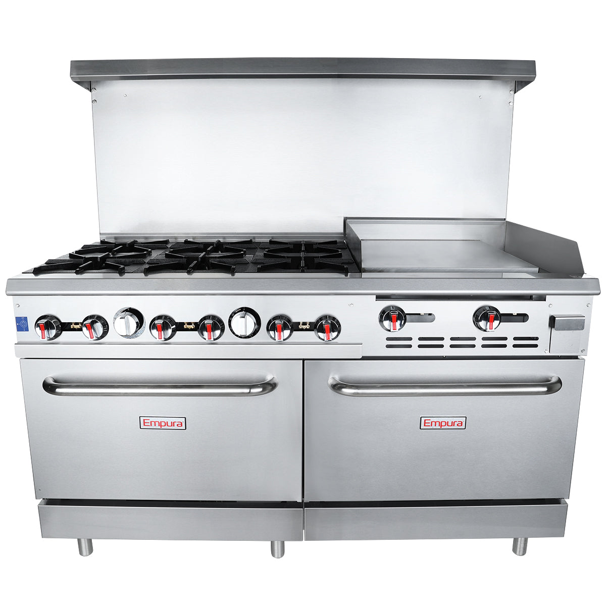 60" 6 Burner Commercial Natural Gas Range with 24" Griddle and 2 Ovens - 282,000 BTU Range, 60" Restaurant, Gas Empura