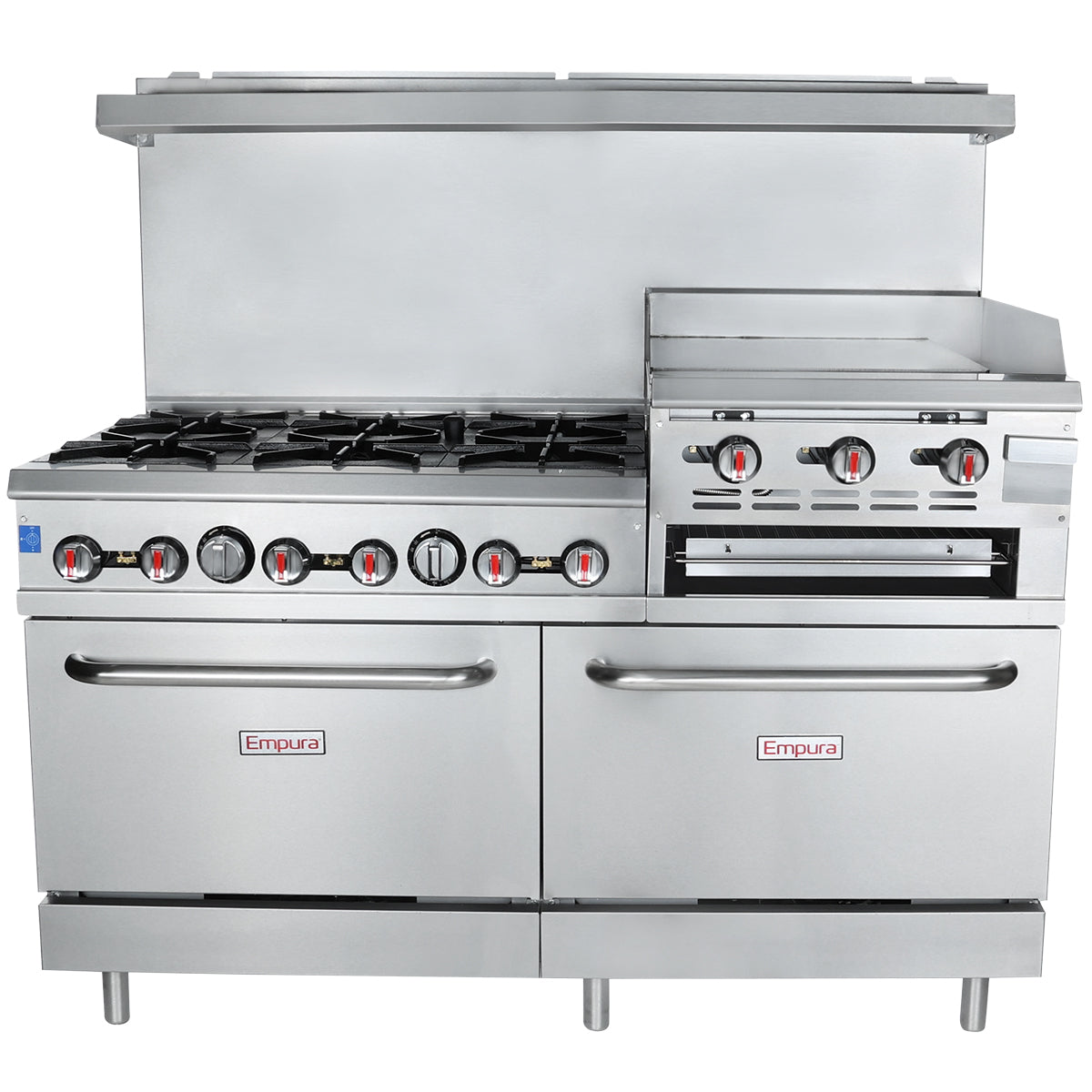 60" 6 Burner Commercial Liquid Propane Range with 24" Raised Griddle / Broiler and 2 Ovens - 278,000 BTU Range, 60" Restaurant, Gas Empura