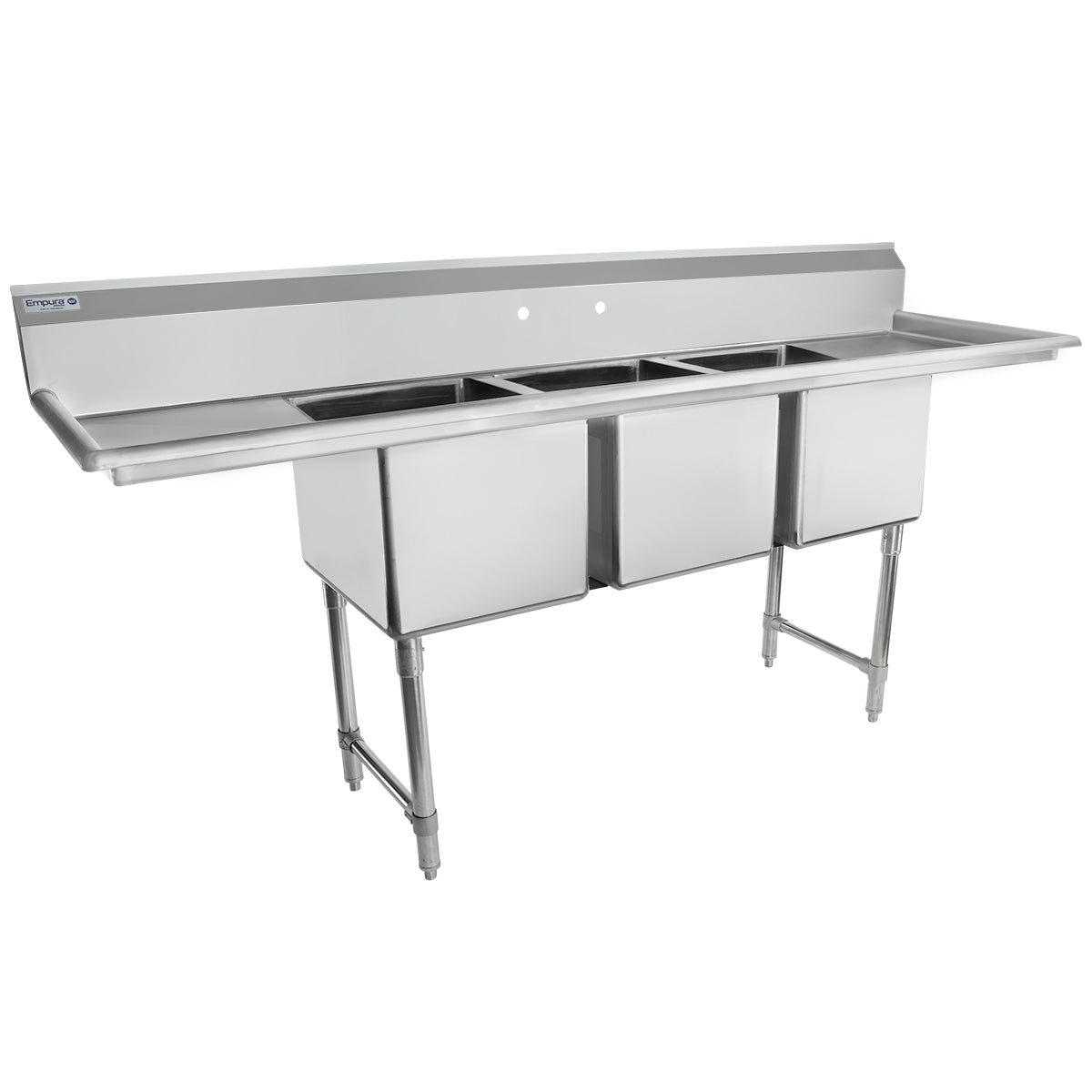 88" 16 Gauge Stainless Steel Three Compartment Heavy Duty Sink with Stainless Steel Legs, Cross Bracing, and 2 Drainboards - 20" x 14" x 16" Bowls, NSF Sink, (3) Three Compartment Empura