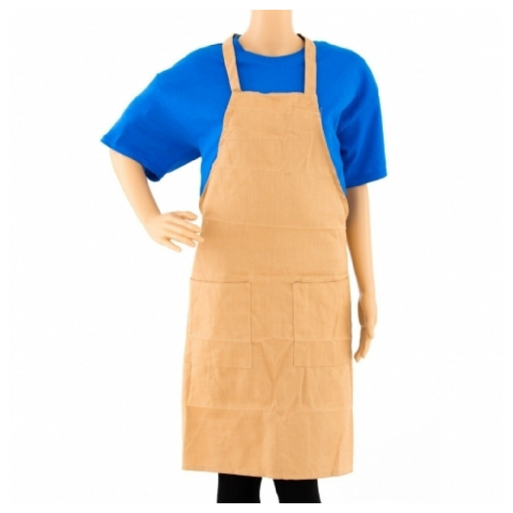 34" Poly-Cotton Khaki Bib Apron with 2 Pockets