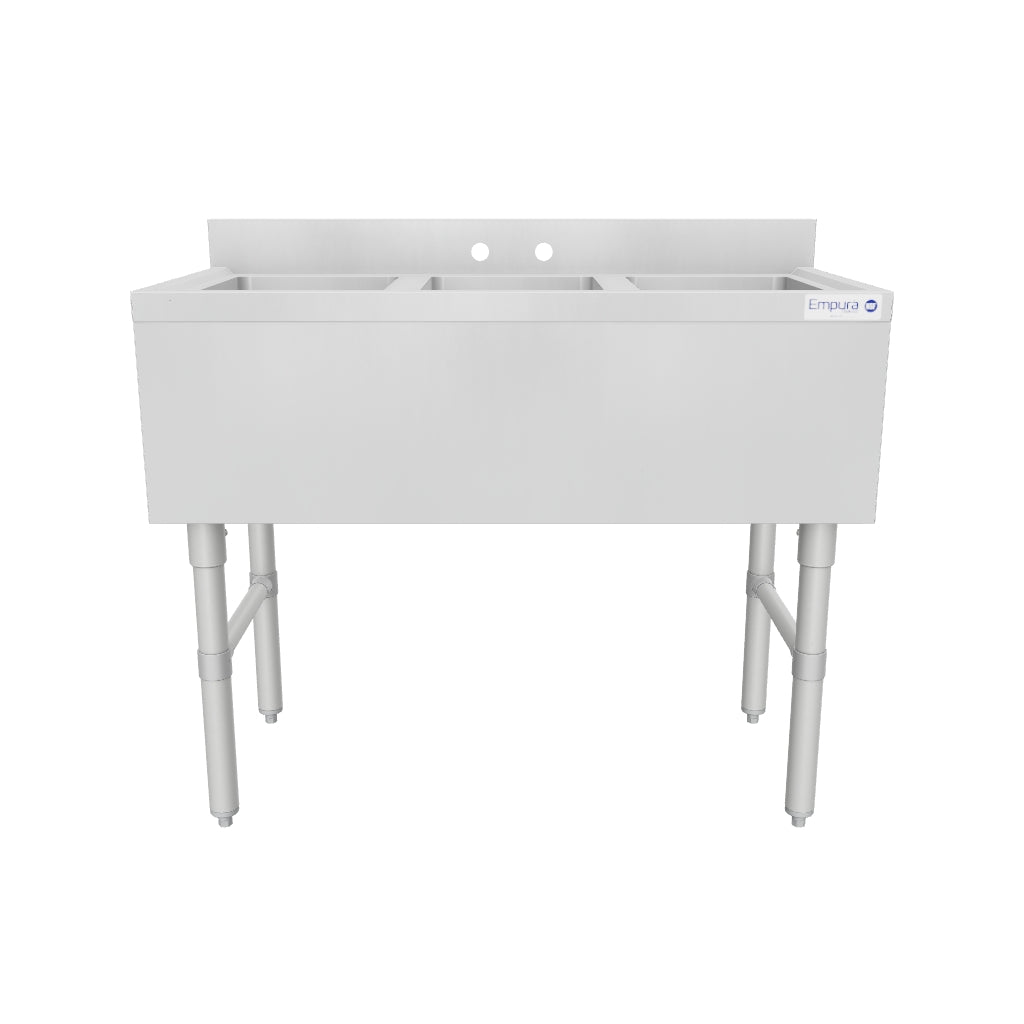 38" 18-Gauge Stainless Steel 3 Compartment Commercial Underbar Sink with Galvanized Legs, without Drainboard - 10" x 14" x 10" Bowl, NSF