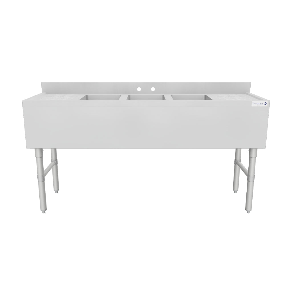 60" 18-Gauge Stainless Steel 3 Compartment Commercial Underbar Sink with Galvanized Legs, 2 Drainboard - 10" x 14" x 10" Bowl, NSF