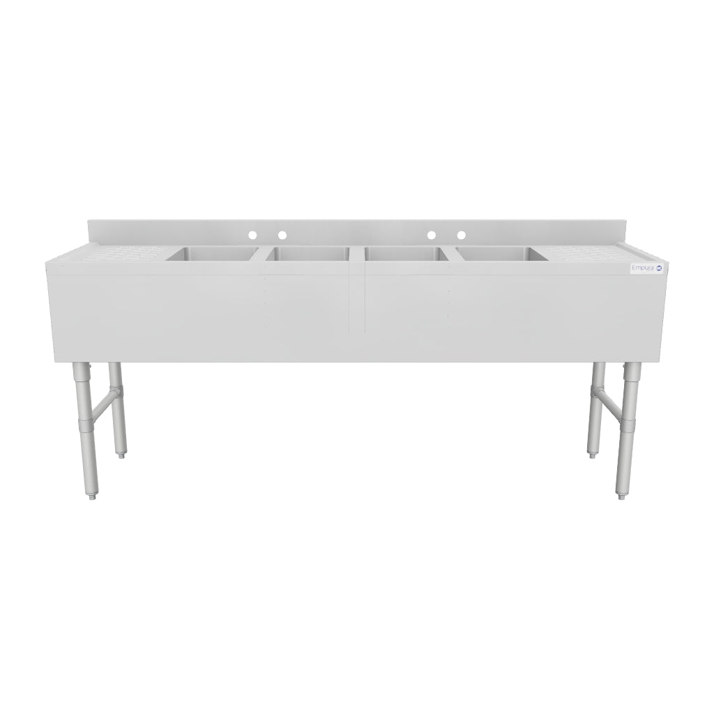 72" 18-Gauge Stainless Steel 4 Compartment Commercial Underbar Sink with Galvanized Legs, 2 Drainboard - 10" x 14" x 10" Bowl, NSF