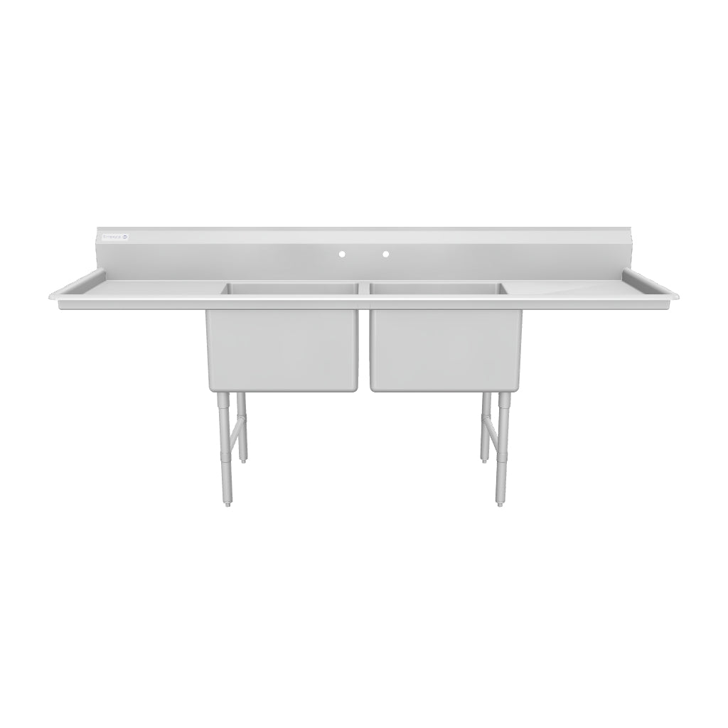 98" 16 Gauge Stainless Steel Two Compartment Heavy Duty Sink with Stainless Steel Legs, Cross Bracing, and 2 Drainboards - 24" x 14" x 24" Bowls, NSF