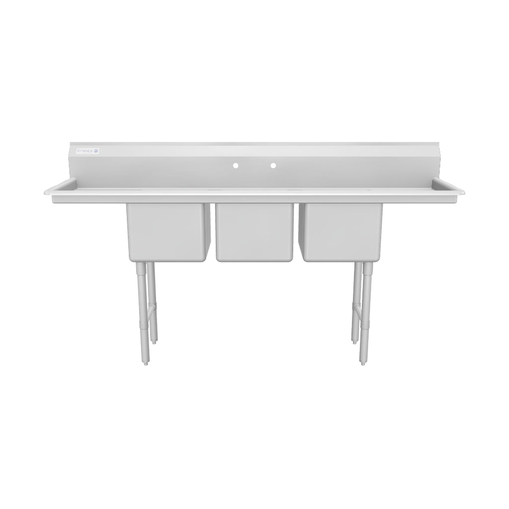 79" 16 Gauge Stainless Steel Three Compartment Heavy Duty Sink with Stainless Steel Legs, Cross Bracing, and 2 Drainboards - 15" x 12" x 15" Bowls, NSF