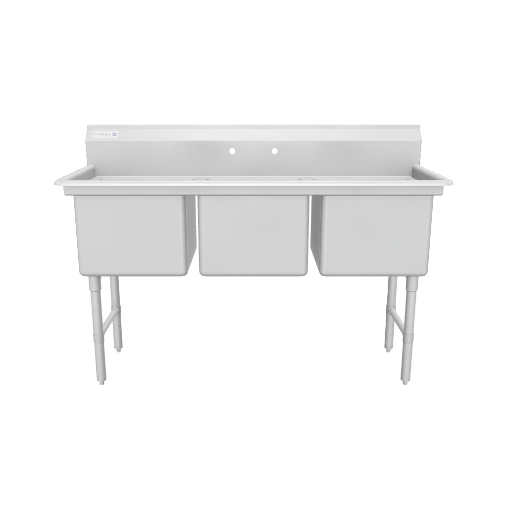 63" 16 Gauge Stainless Steel Three Compartment Heavy Duty Sink with Stainless Steel Legs, Cross Bracing, and without Drainboards - 18" x 14" x 18" Bowls, NSF