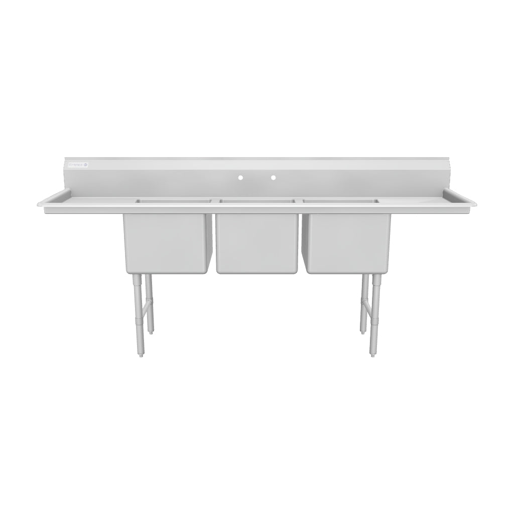 94" 16 Gauge Stainless Steel Three Compartment Heavy Duty Sink with Stainless Steel Legs, Cross Bracing, and 2 Drainboards - 18" x 14" x 18" Bowls, NSF