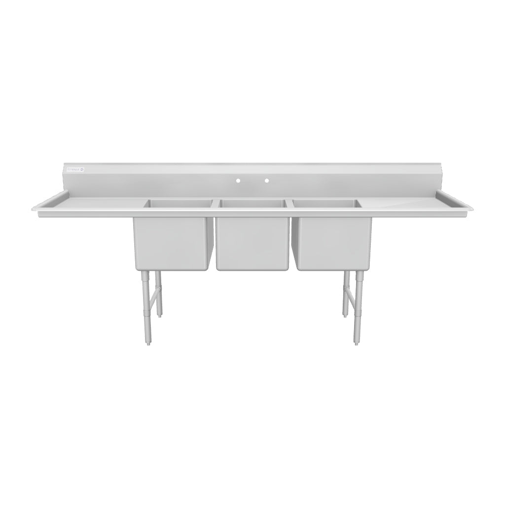 106" 16 Gauge Stainless Steel Three Compartment Heavy Duty Sink with Stainless Steel Legs, Cross Bracing, and 2 Drainboards - 24" x 14" x 18" Bowls, NSF