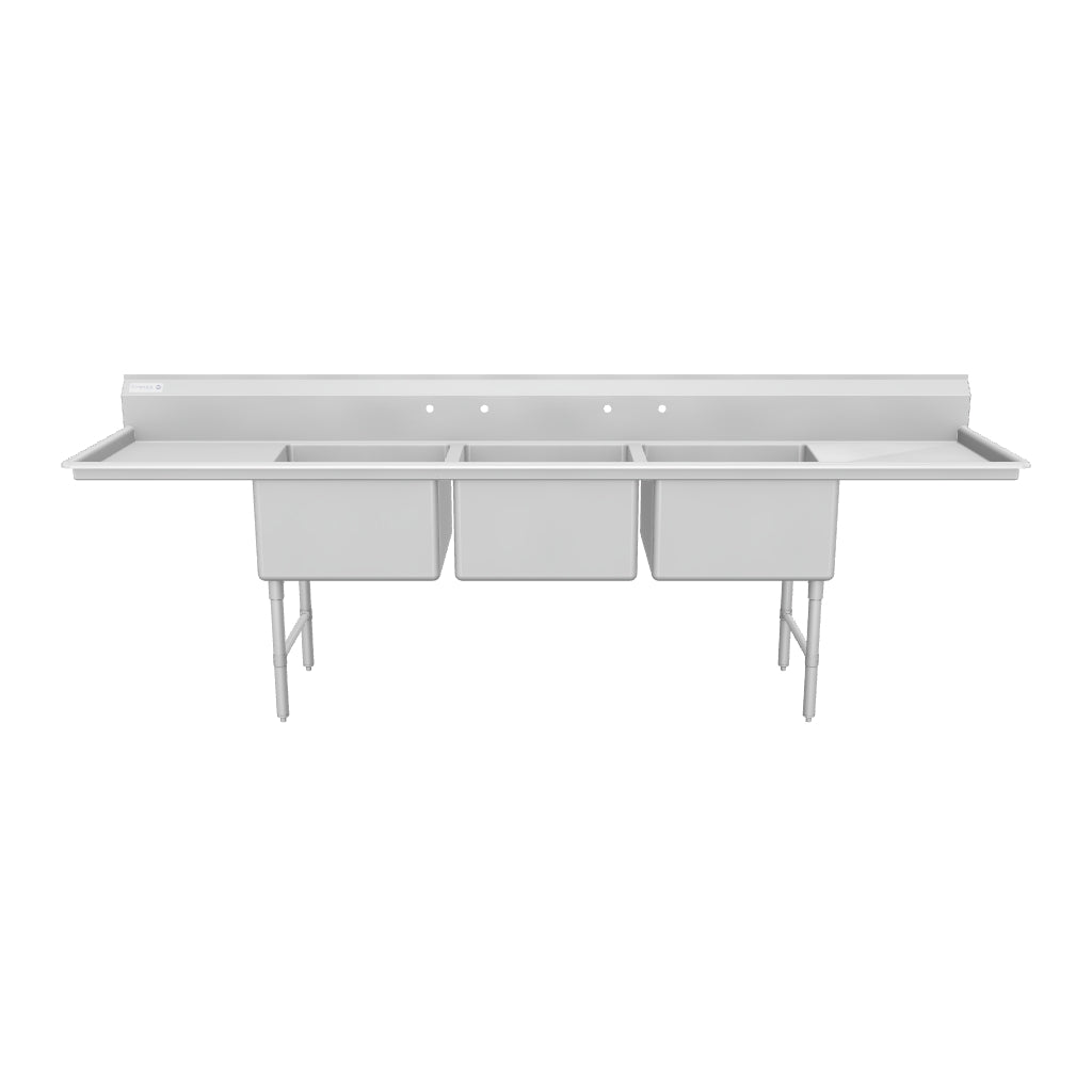 124" 16 Gauge Stainless Steel Three Compartment Heavy Duty Sink with Stainless Steel Legs, Cross Bracing, and 2 Drainboards - 24" x 14" x 24" Bowls, NSF