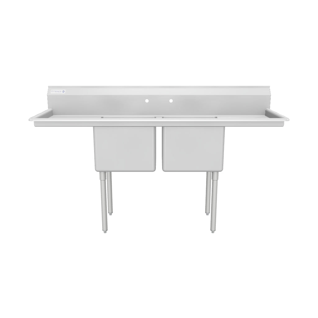 74" 18 Gauge Stainless Steel Two Compartment Standard Duty Sink with Galvanized Legs and 2 Drainboards - 18" x 14" x 18" Bowls, NSF