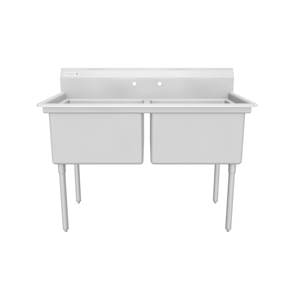 55" 18 Gauge Stainless Steel Two Compartment Standard Duty Sink with Galvanized Legs, Cross Bracing, and without Drainboards - 24" x 14" x 24" Bowls, NSF
