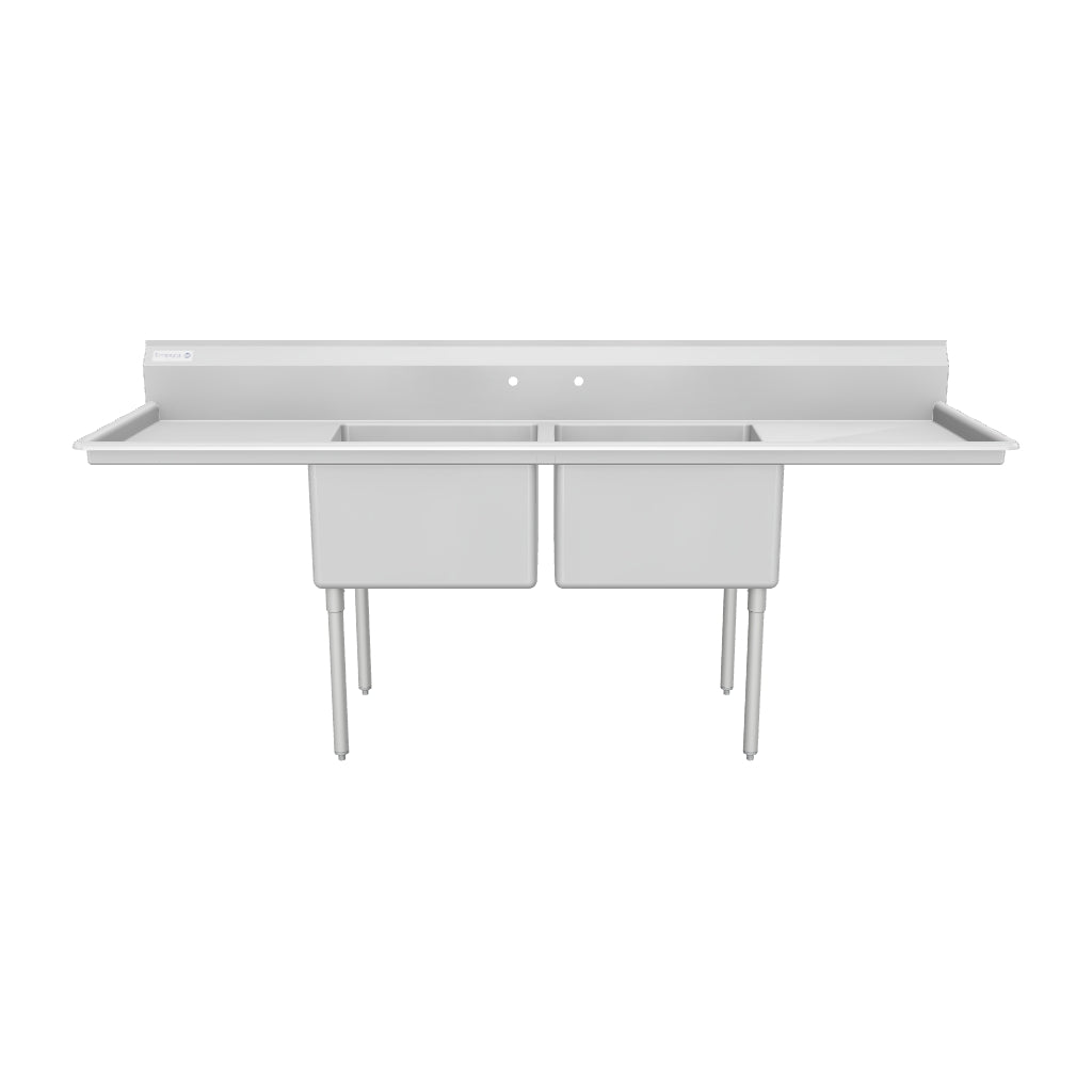 98" 18 Gauge Stainless Steel Two Compartment Standard Duty Sink with Galvanized Legs and 2 Drainboards - 24" x 14" x 24" Bowls, NSF