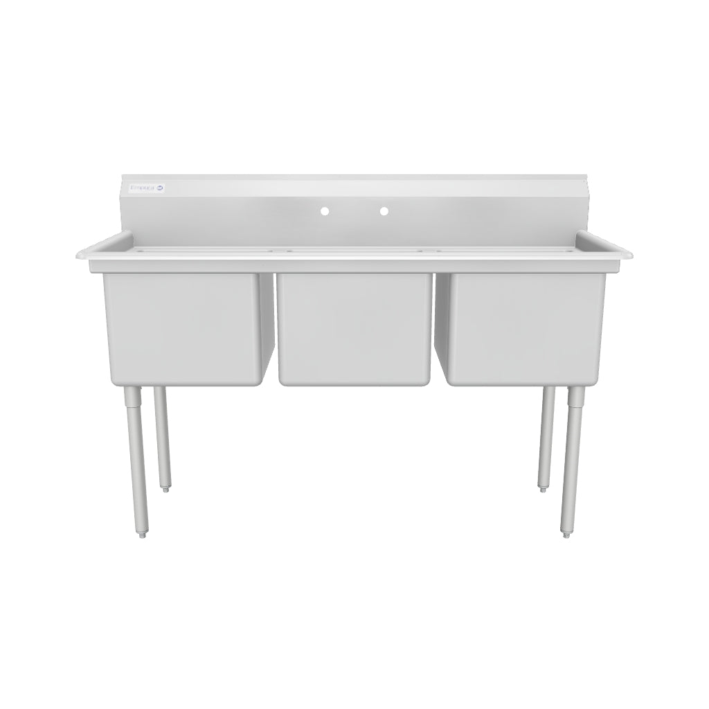 63" 18 Gauge Stainless Steel Three Compartment Standard Duty Sink with Galvanized Legs, without Drainboard - 18" x 14" x 18" Bowl, NSF