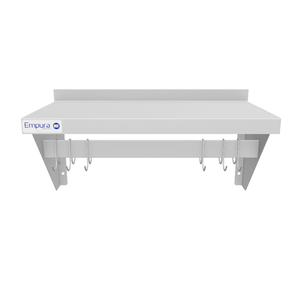 24" Wall-Mounted Pot Rack with Shelf and Galvanized Hooks, 18 Gauge Stainless Steel, NSF