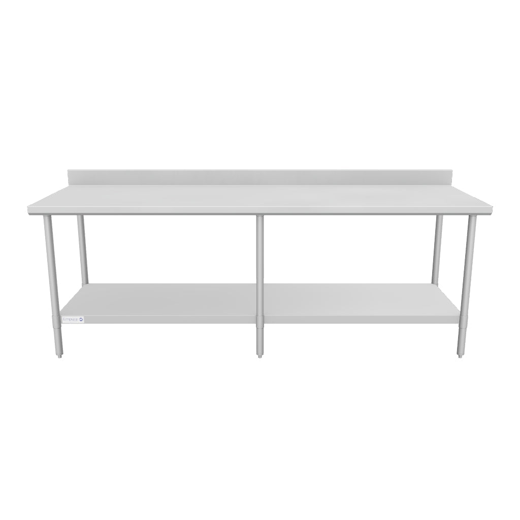 96" x 30" Super Duty Work Table 16 Gauge Stainless Steel with 4" Backsplash and 18 Gauge Stainless Steel Undershelf, NSF