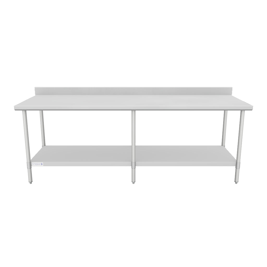 96" x 30" Standard Duty Work Table 18 Gauge Stainless Steel with 4" Backsplash and Galvanized Undershelf, NSF