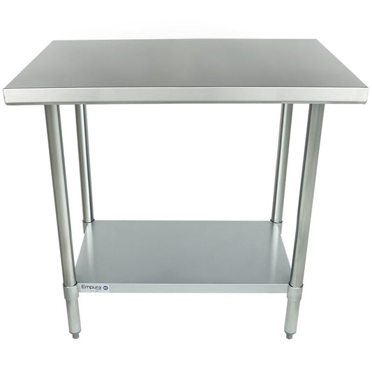 Empura 36" x 24" 18-Gauge 304 Stainless Steel Commercial Work Table with Flat Top Galvanized Legs and Undershelf