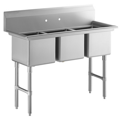 54" 16 Gauge Stainless Steel Three Compartment Heavy Duty Sink with Stainless Steel Legs, Cross Bracing, and without Drainboards - 15" x 12" x 15" Bowls, NSF Sink, (3) Three Compartment Empura
