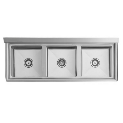 54" 16 Gauge Stainless Steel Three Compartment Heavy Duty Sink with Stainless Steel Legs, Cross Bracing, and without Drainboards - 15" x 12" x 15" Bowls, NSF Sink, (3) Three Compartment Empura
