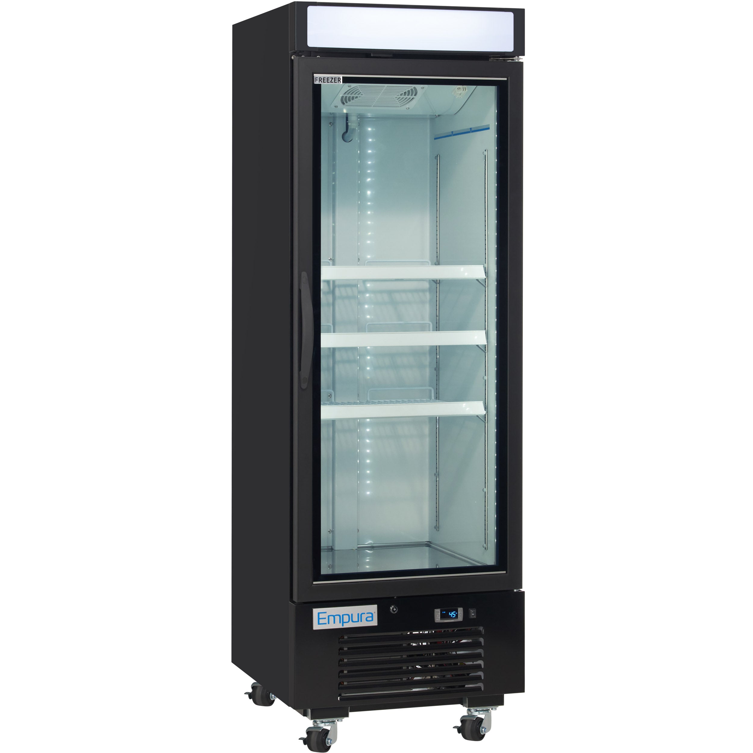 25" Black Swing Commercial Glass Door Merchandiser Freezer with ClearKeeper™ Glass
