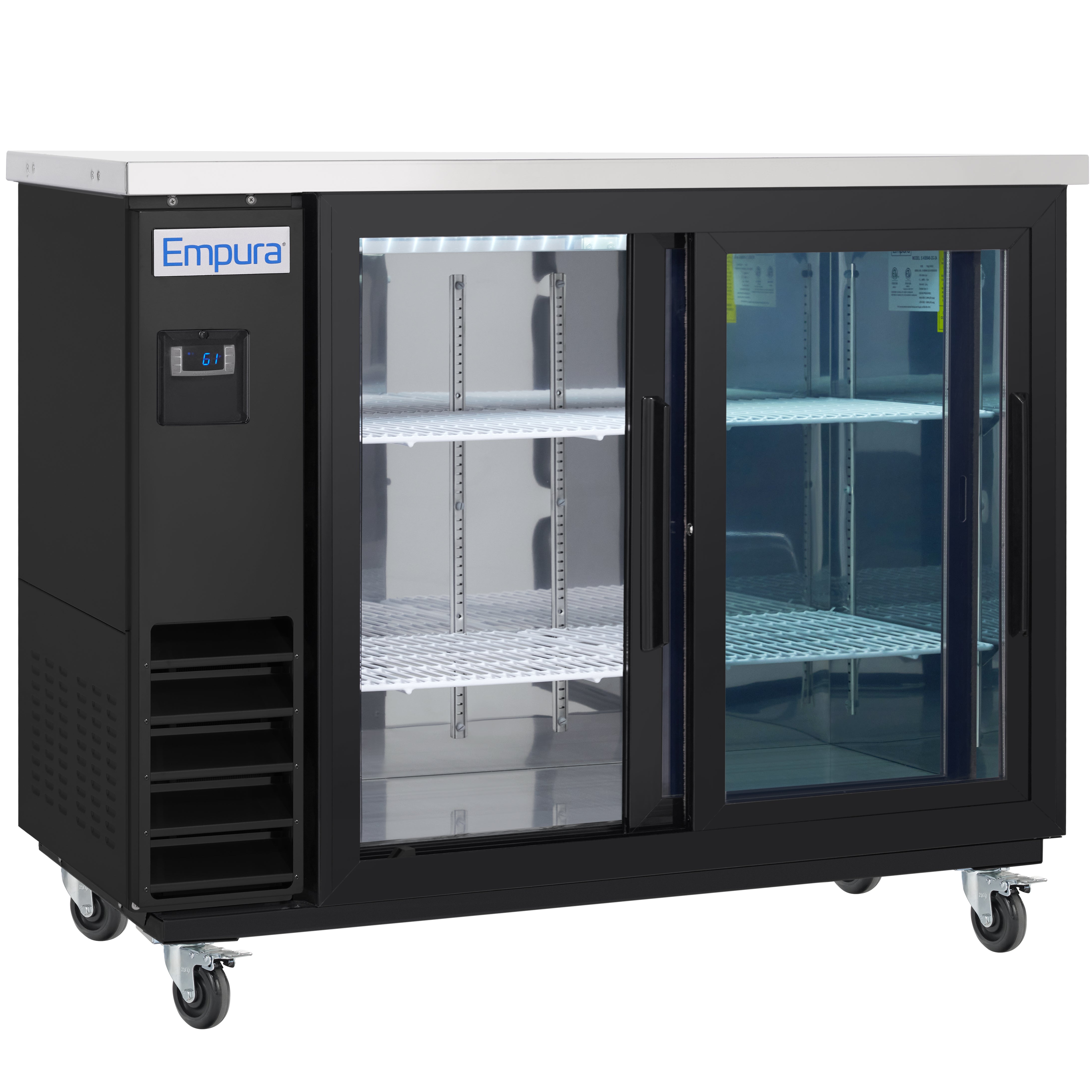 49" x 24" Sliding Glass Door Powder Coated Black Stainless Steel Commercial Back Bar Refrigerator