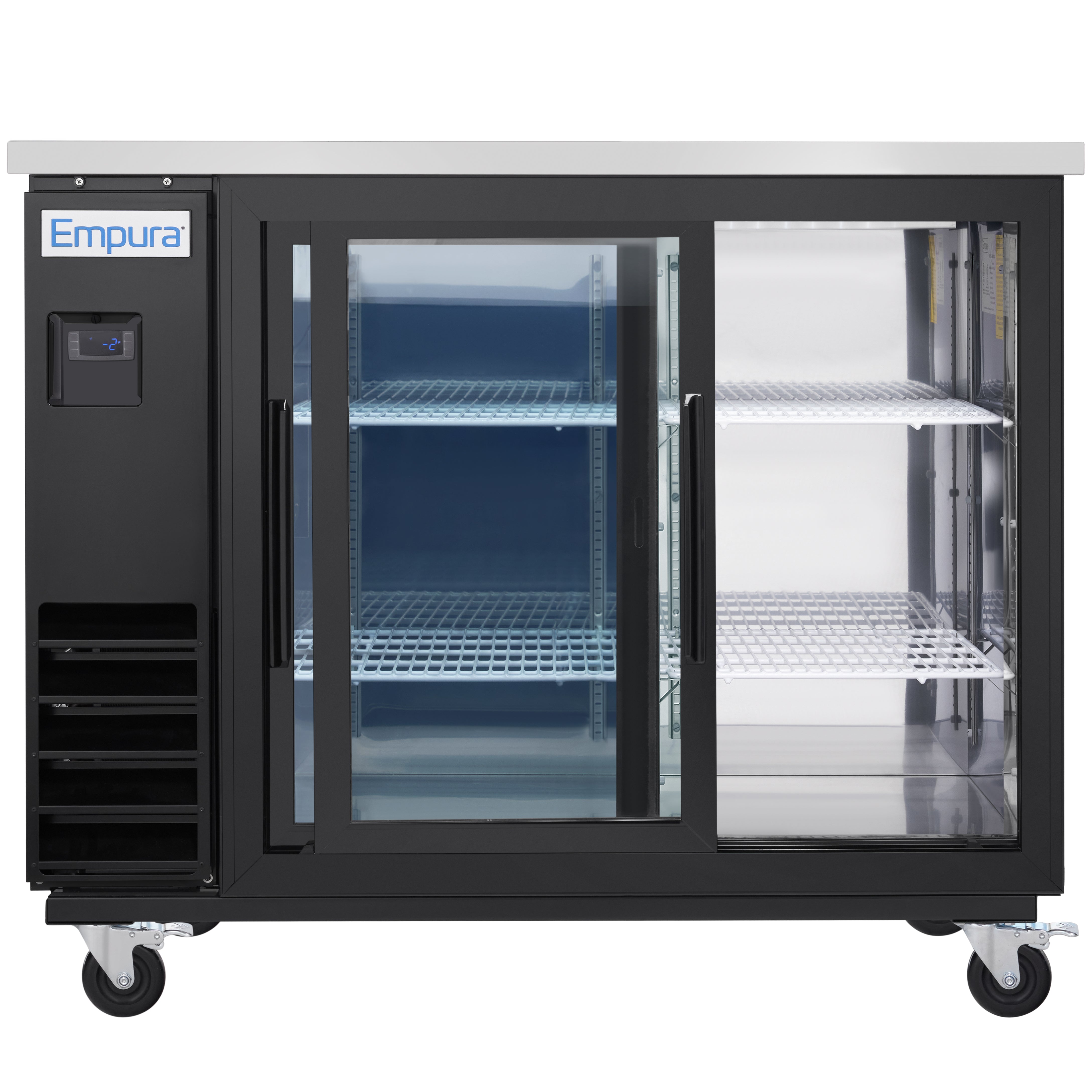 49" x 24" Sliding Glass Door Powder Coated Black Stainless Steel Commercial Back Bar Refrigerator